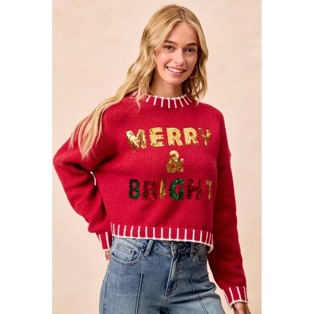 BiBi Christmas Theme Sequin Lattering Sweater NWT
